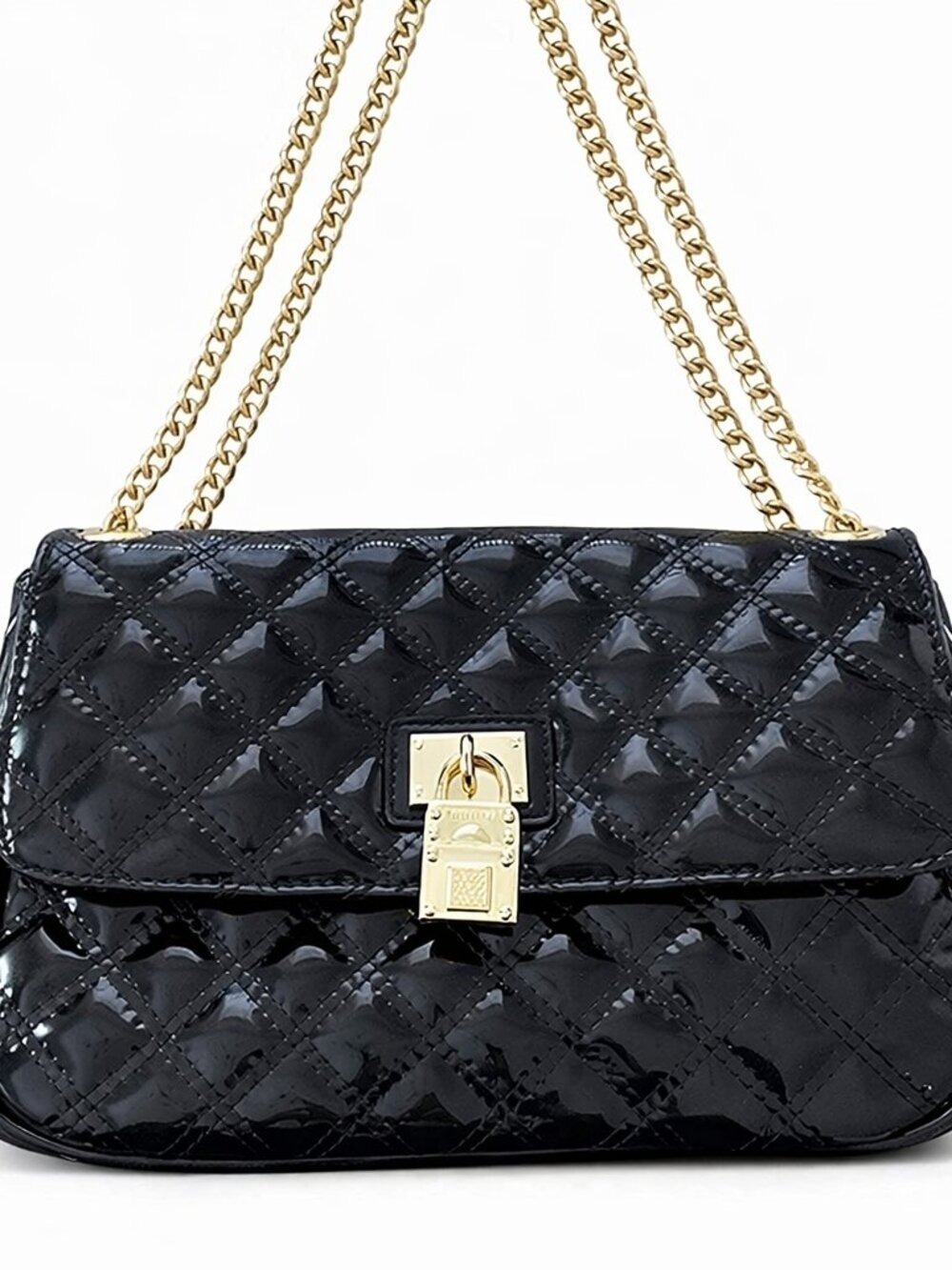 Anne Klein Black Quilted Patent Shoulder Bag Gold Tone Hardware